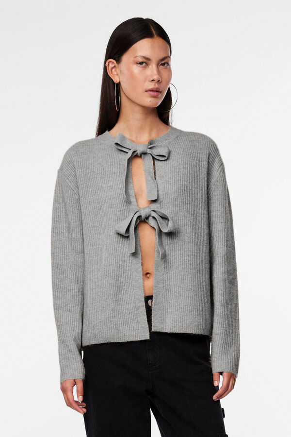 Pieces Reversible jersey knit cardigan with tie grey