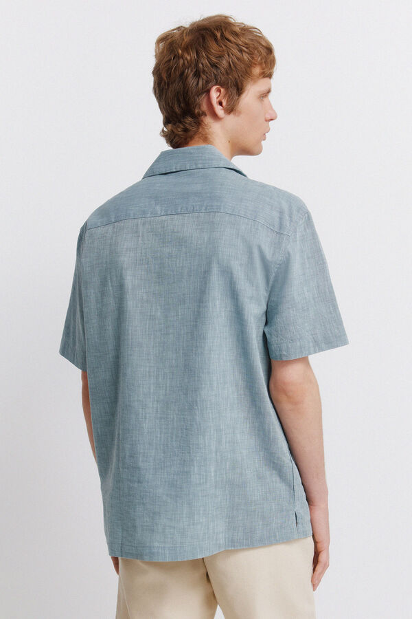 Springfield Linen-look short sleeve bowling shirt blue