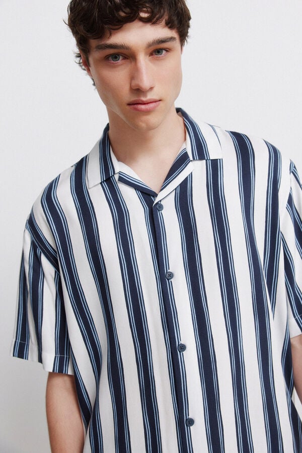 Springfield Striped viscose short sleeve shirt blue