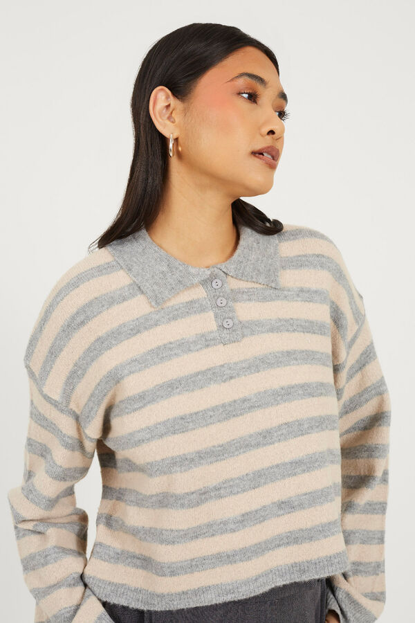 Brave Soul Jersey a rayas con cuello polo gris