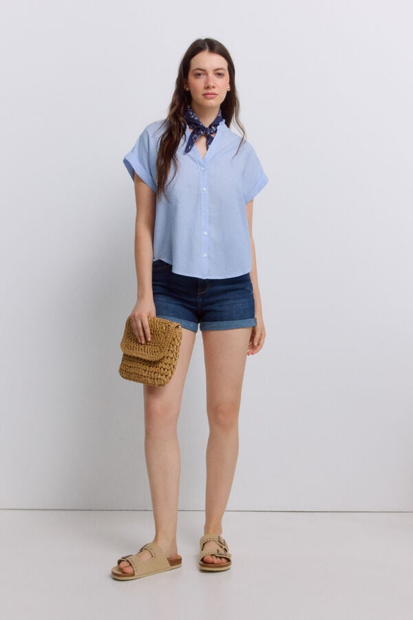 Springfield Mandarin collar ruffle blouse blue