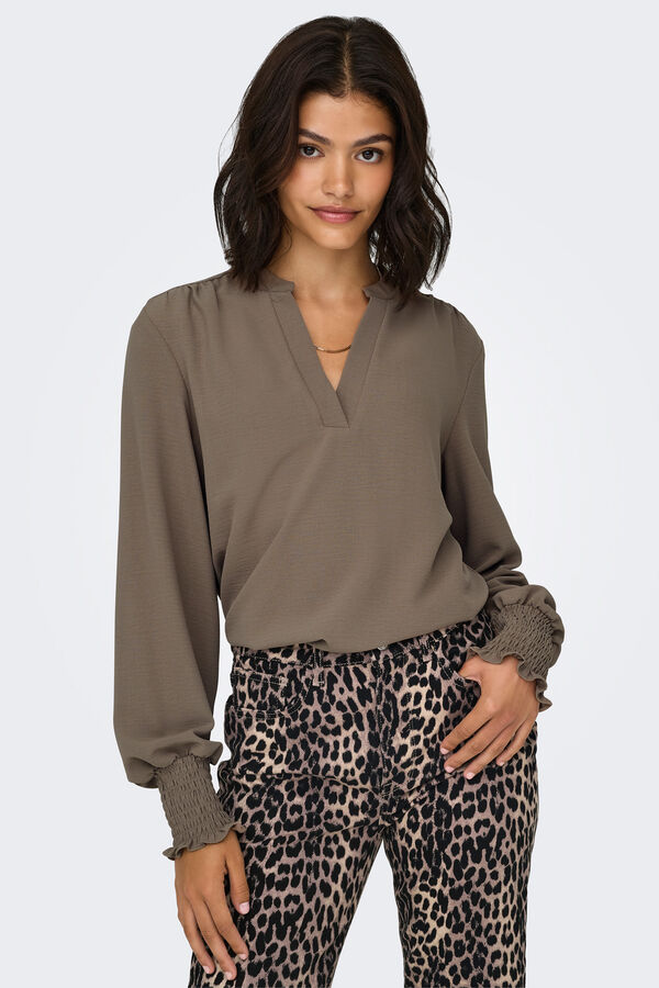 Only Blusa manga larga frunces marr&oacute;n
