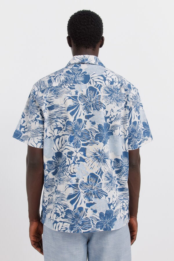Springfield Printed linen short sleeve shirt blue