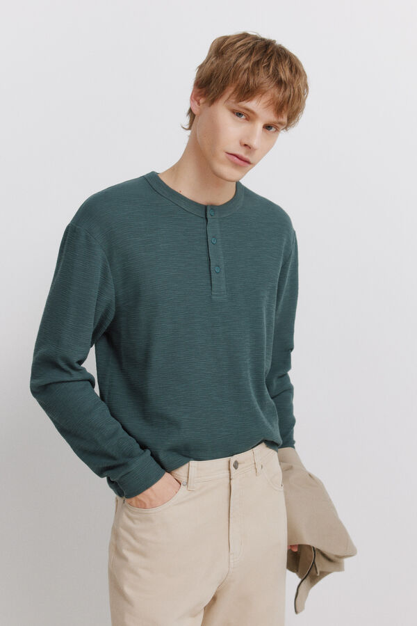 Springfield Checked placket long sleeve T-shirt blue