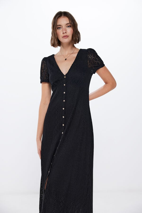 Springfield Crochet midi dress with buttons black