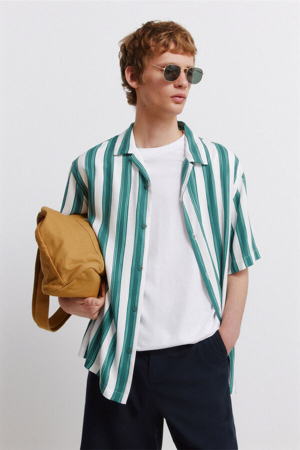 Springfield Striped viscose short sleeve shirt green