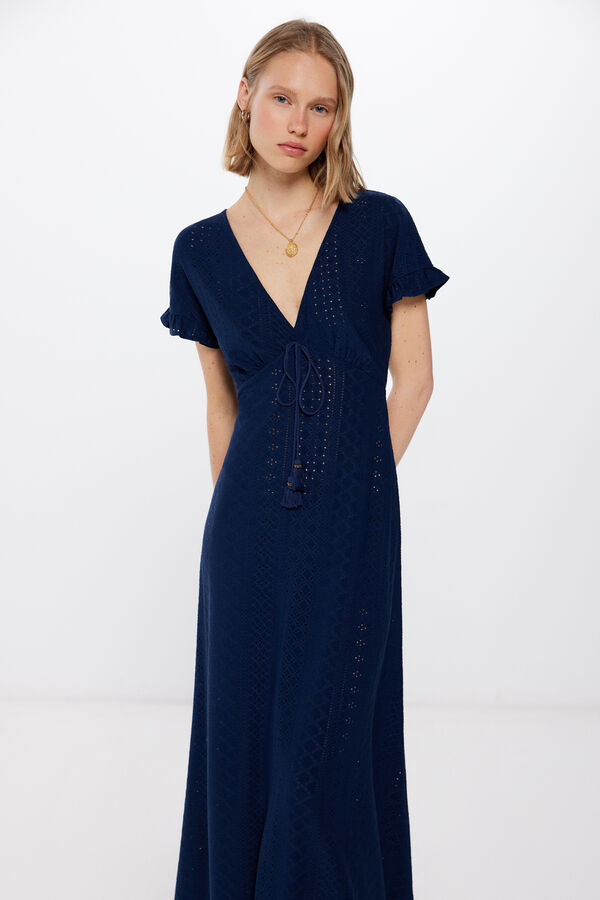 Springfield Midi haljina s vezicama s kićankama na izrezu plava