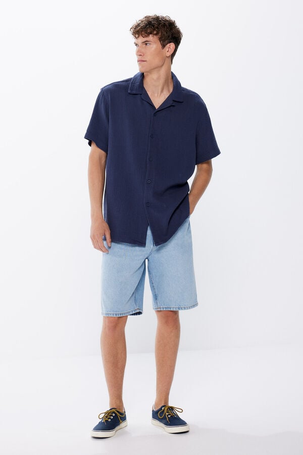 Springfield Short-sleeved shirt in wrinkle fabric blue