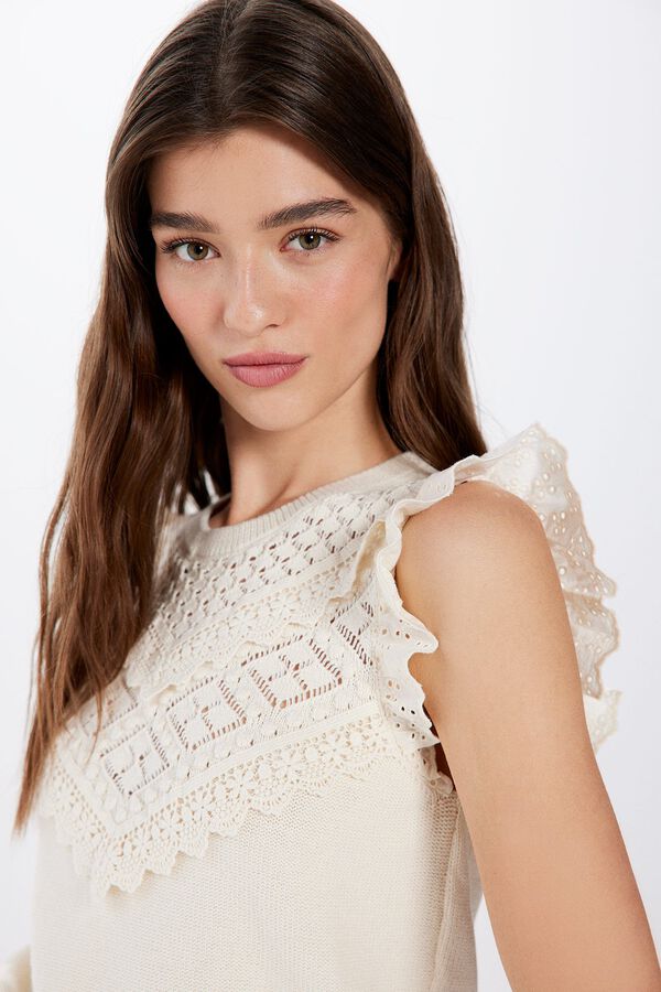Springfield Pointelle knit ruffle top natural
