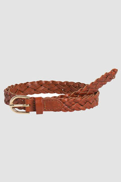 Springfield 100% leather belt with woven detail. Oval metal buckle. brown