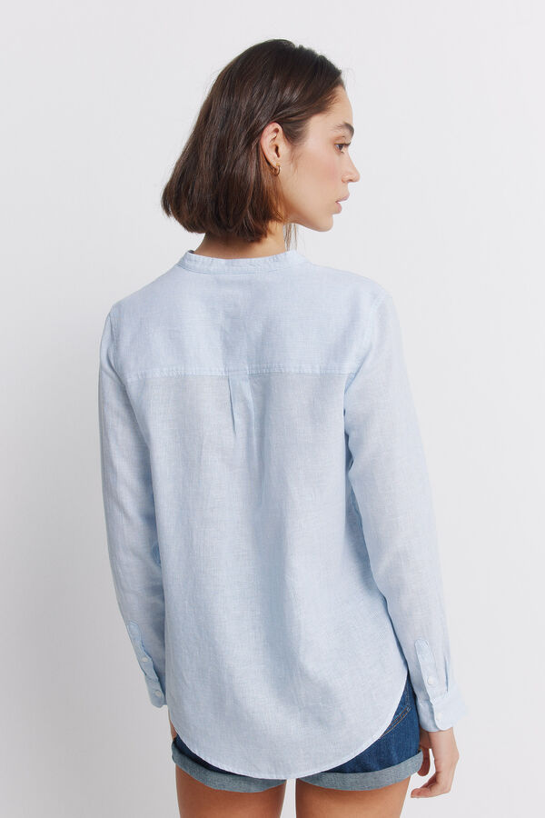 Springfield Linen long sleeve mandarin collar shirt blue
