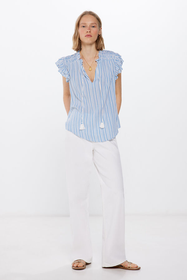 Springfield Bluza od tkanine bambula s elastičnim nabiranjem plava