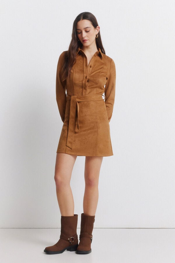 Springfield Robe chemise courte en daim nude