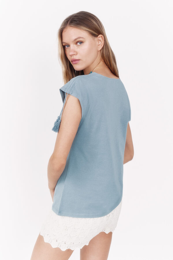 La Vecina Rubia short sleeve tassels tassel t-shirt blue