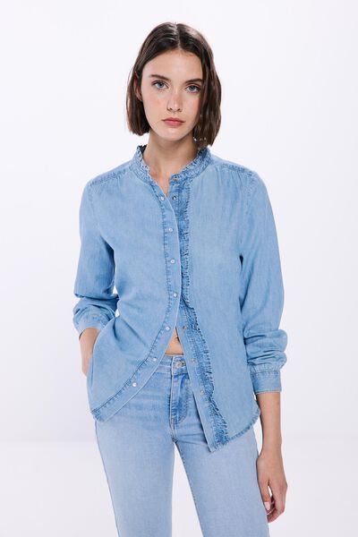 Springfield Blouse en jean à volants bleu