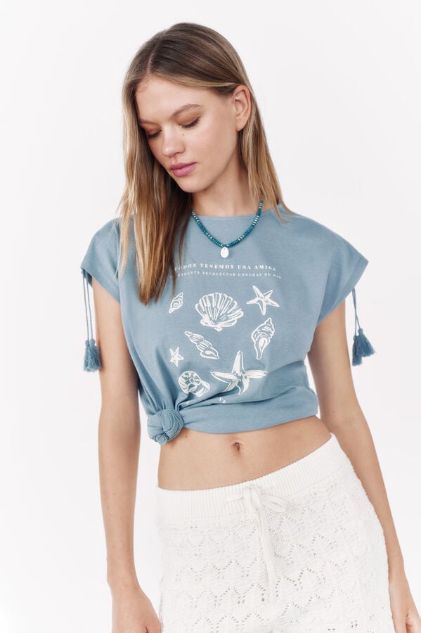 La Vecina Rubia short sleeve tassels tassel t-shirt blue