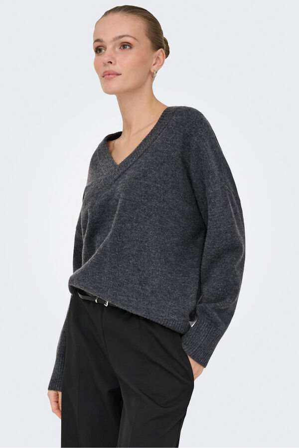 Only Camisola com gola em V cinzento