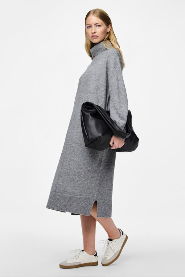 Pieces Vestido midi de malha com gola alta cinzento