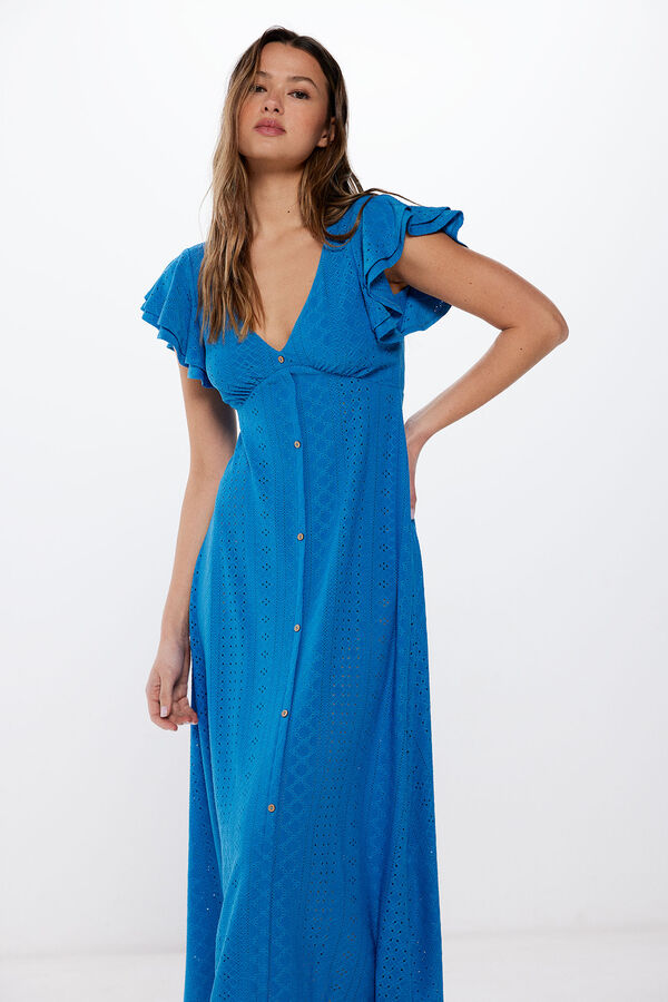 Springfield Buttoned Swiss embroidery midi dress Blue