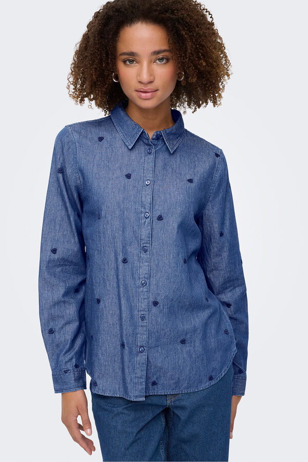 JDY Camisa de ganga bordada azul