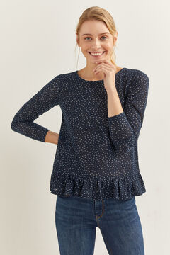 Springfield Shirt mit Print Saum R&uuml;schen blau