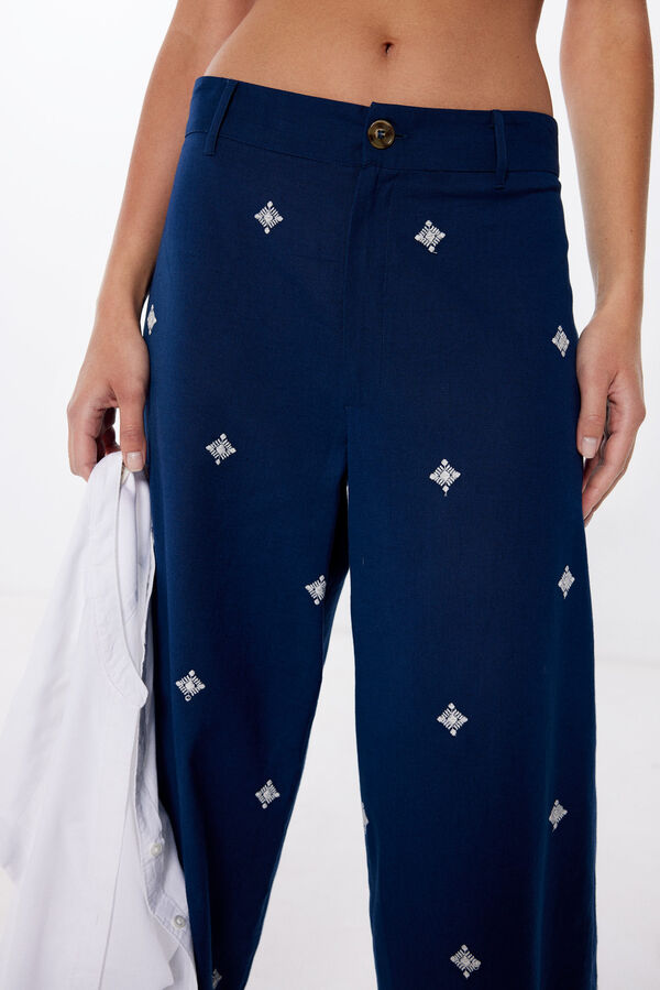Springfield Embroidered linen/cotton trousers navy
