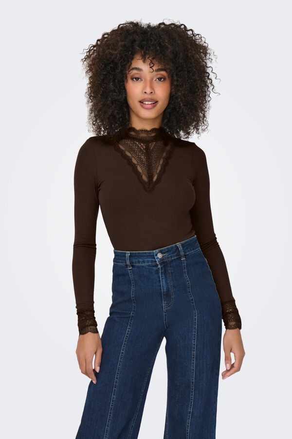 Only Lace detail T-shirt brown