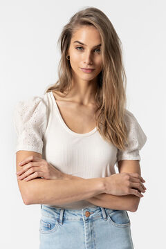 Springfield Ribbed T-shirt with Broderie Anglaise white