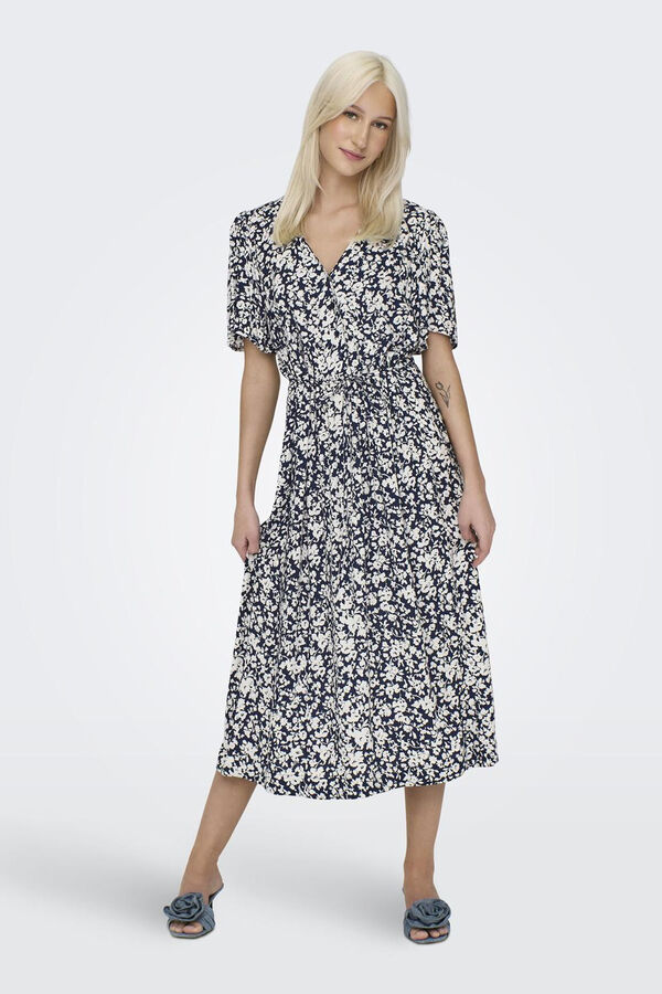 Only Vestido midi manga corta azul