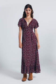 Springfield Vestido midi manga volante estampado burdeos