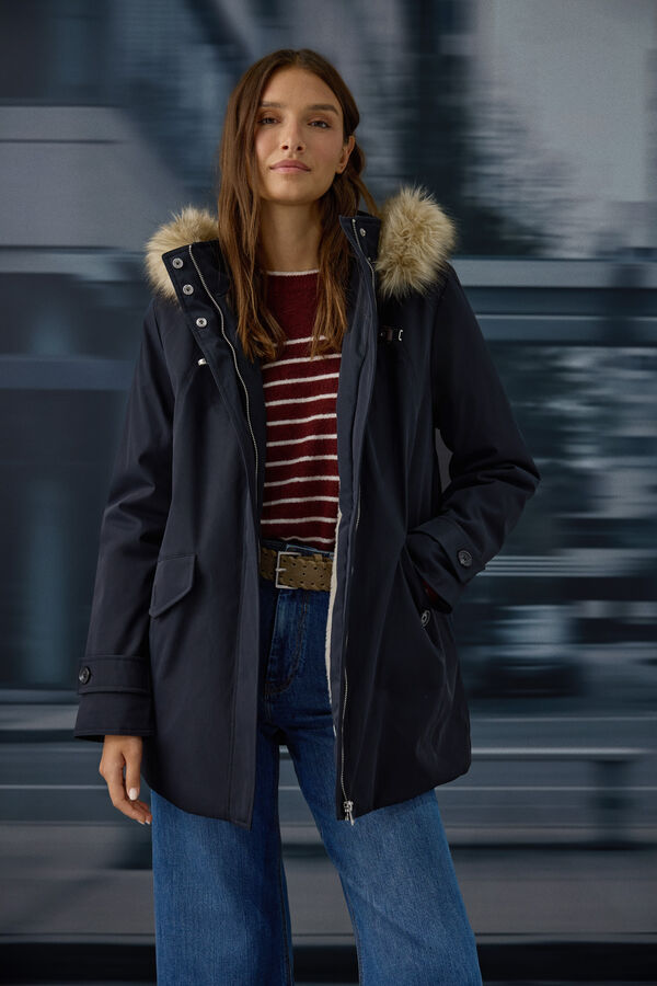 Springfield Parka hood faux fur buckle blue