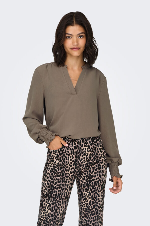 Only Blusa manga larga frunces marr&oacute;n