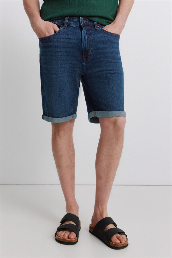 Springfield Dark wash basic slim fit denim Bermuda shorts blue