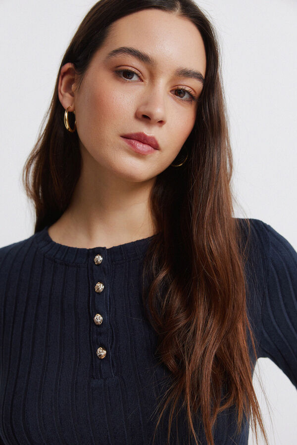 Springfield Ribbed buttons neck T-shirt blue