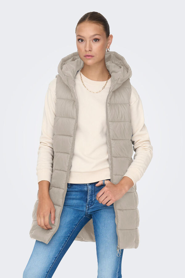 JDY Long puffer gilet with hood grey
