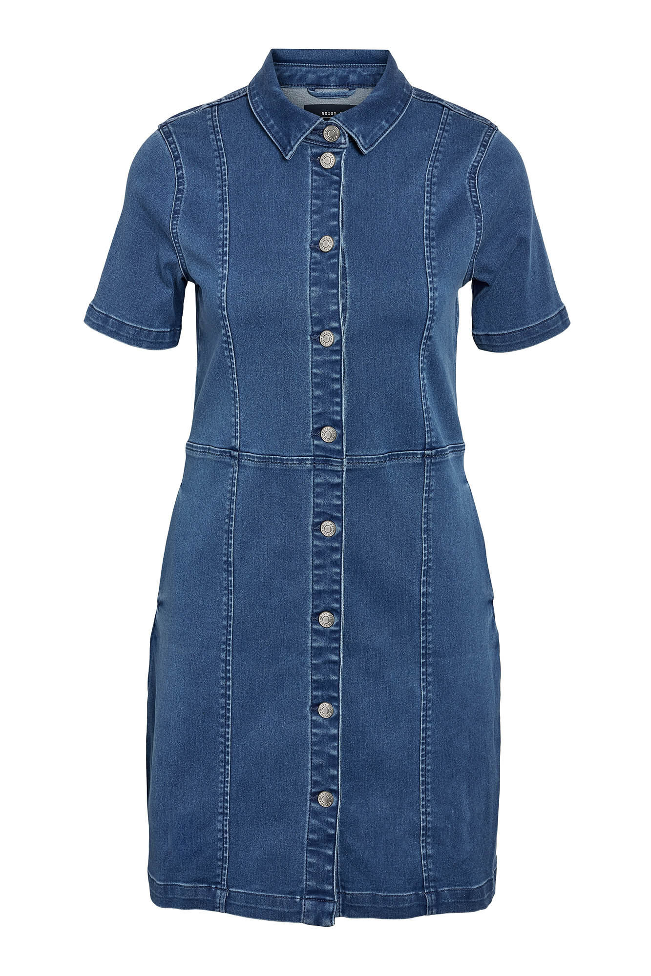 Noisy May Vestido jeans de manga curta curta com abotoamento frontal e bolsos.