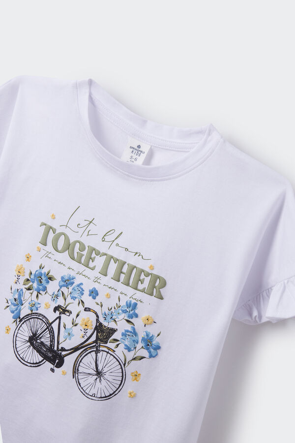 Springfield T-Shirt Blumen Fahrrad Mädchen Weiß