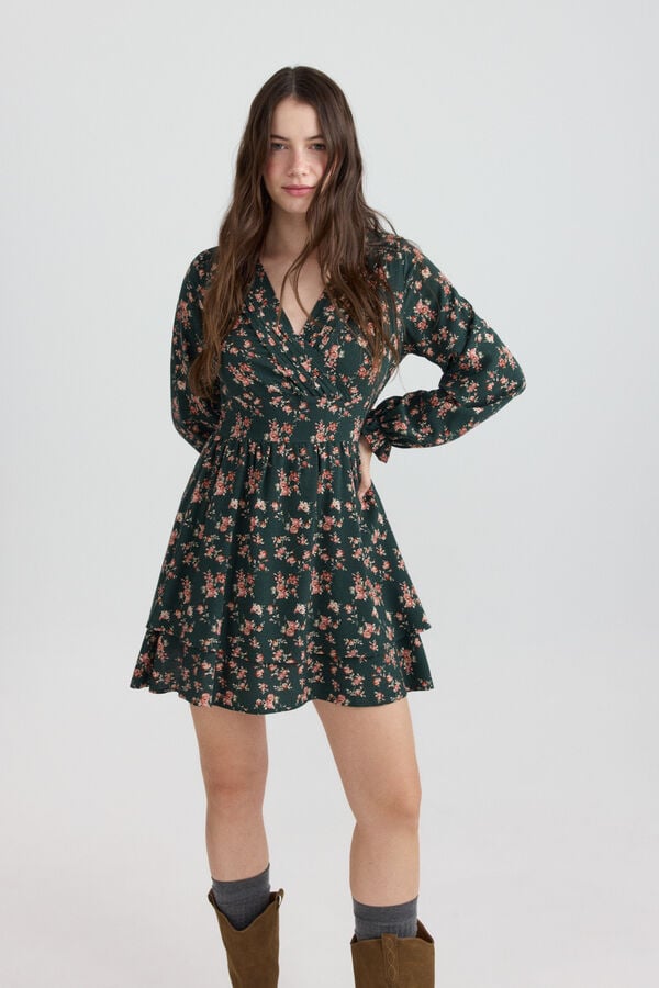 Springfield Printed ruffle short dress green