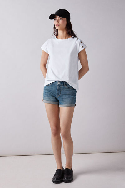 Springfield T-Shirt Schulter Knöpfe Baumwolle Weiß