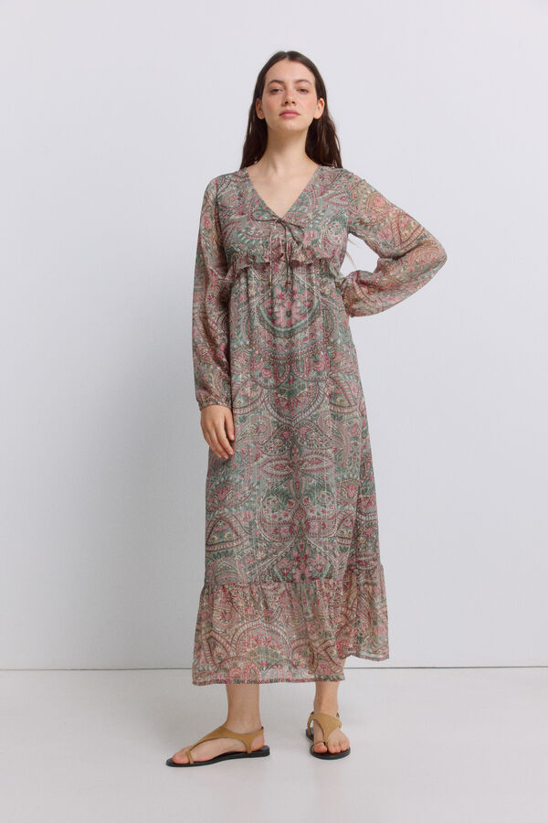 Springfield Printed ruffle midi dress green