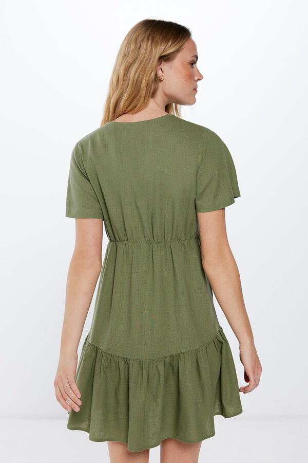 Springfield Kratka lanena haljina s naborima zelena