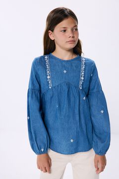 Springfield Blusa denim bordados niña azul oscuro