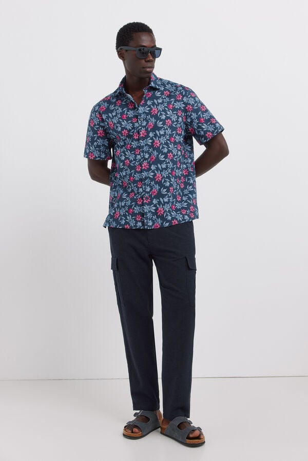 Springfield Printed linen short sleeve shirt blue
