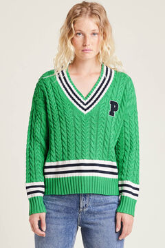 Springfield Cable-knit V neck jumper green
