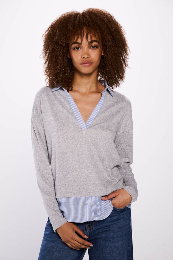 Springfield Camiseta cuello camisero combinada gris