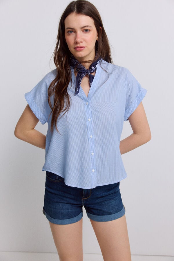 Springfield Mandarin collar ruffle blouse blue