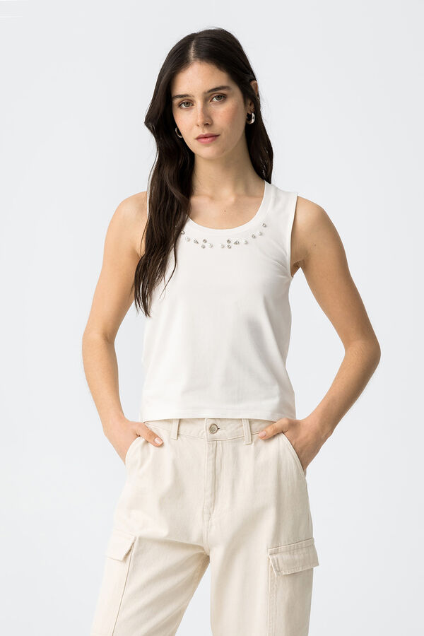 Tiffosi top curto canelado com apliques branco