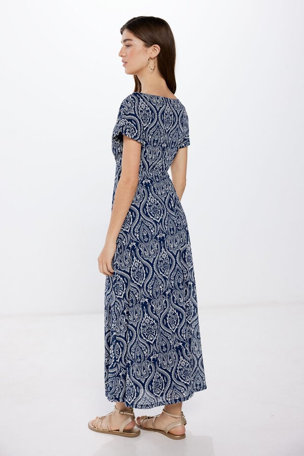 Springfield Midi Dress with Border Print Neckline bluish