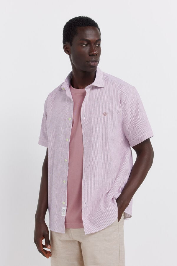 Springfield Striped linen short sleeve shirt pink