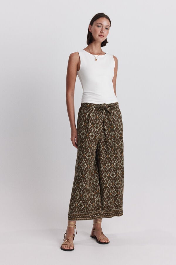 Springfield Printed fluid trousers with belt beige